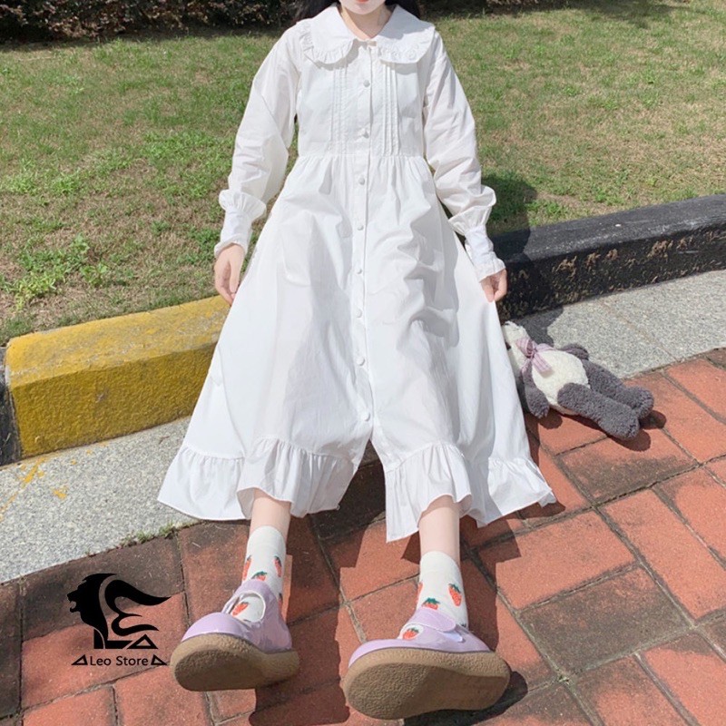 ĐẦM SƠ MI-Váy babydol trắng cổ sen đính cúc dài tay chất thô mềm | BigBuy360 - bigbuy360.vn