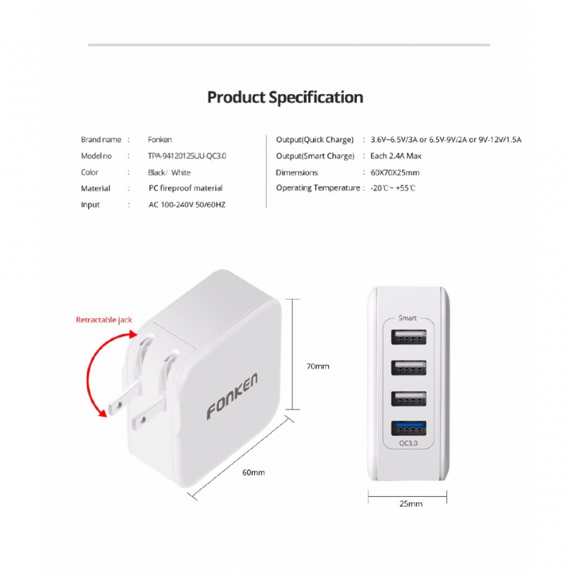 Củ Sạc Nhanh Fonken Cắm Tường 4 Cổng USB 3.0 35W Có Thể Mang Đi Du Lịch Tiện Lợi