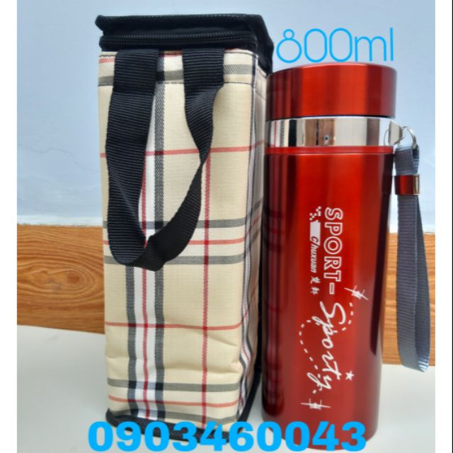 Bình giữ nhiệt 800ml màu đỏ kèm túi đựng