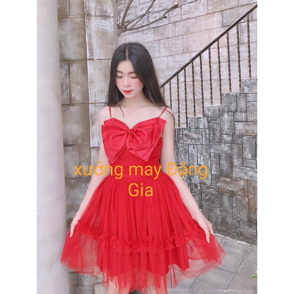 đầm dự tiệc nơ ngực, đầm lưới tầng nơ ngực xinh xắn DG4218