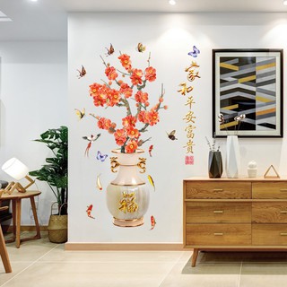 Decal dán tường Bình hoa đào đỏ 3D to nhất