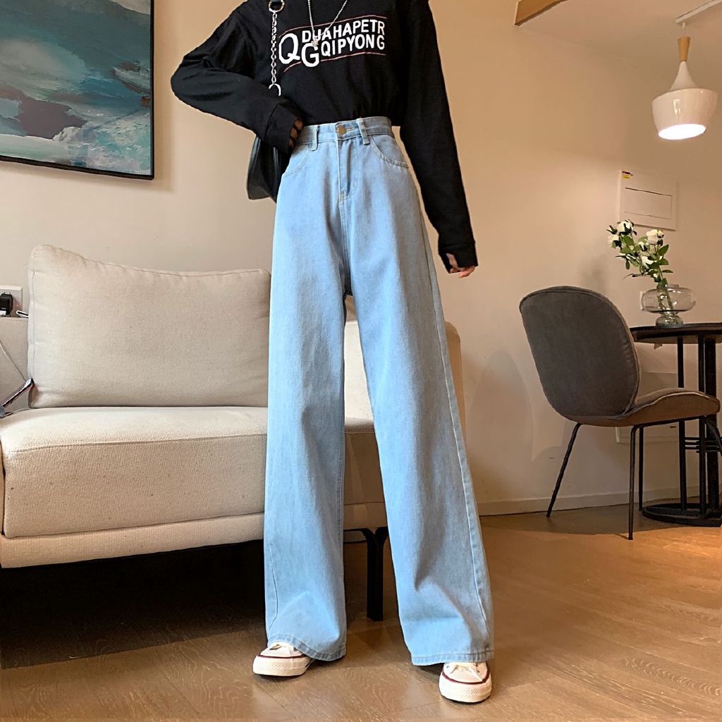 Quần jeans lưng cao ống rộng đứng thời trang cho nữ