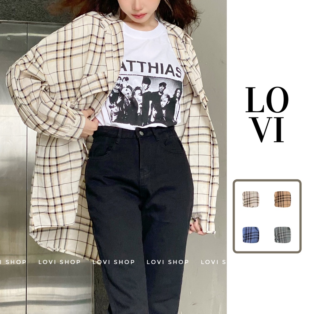 Áo sơ mi caro cánh dơi form rộng oversize túi lệch nắp phong cách Hàn Quốc 4 màu Lovi