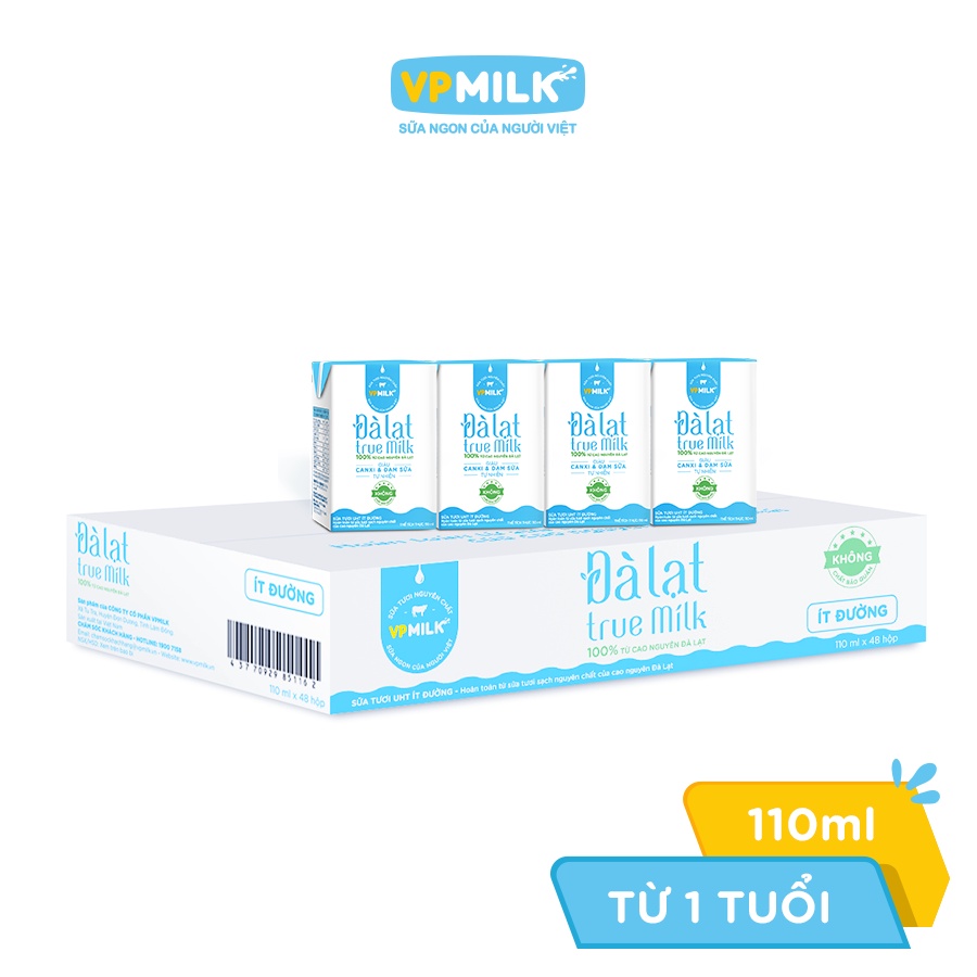 Sữa tươi VPMilk Đà Lạt True Milk ít đường hộp 110ml (thùng 48 hộp)