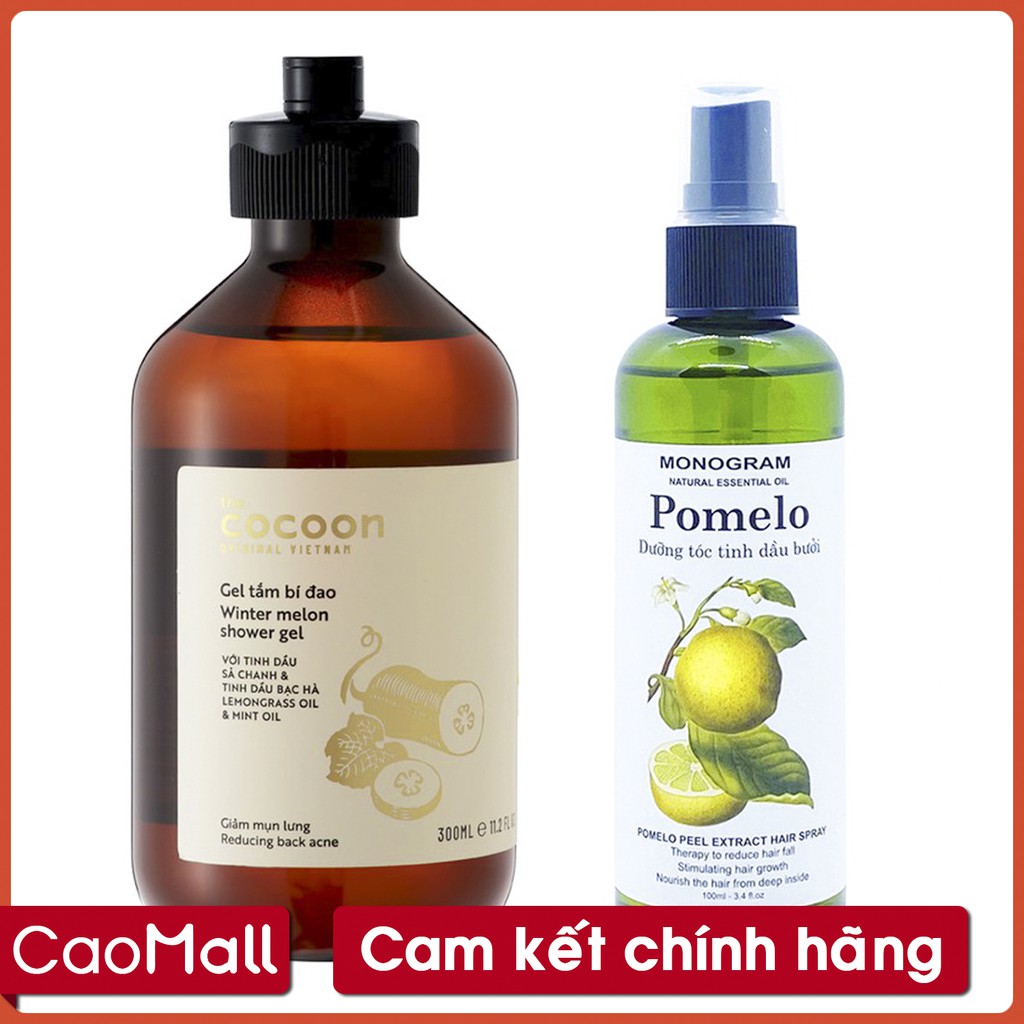 - Combo giảm rụng tóc, giảm mụn lưng gồm Dưỡng Tóc Tinh Dầu Bưởi Pomelo 100ml + Gel tắm bí đao COCOON 300ml