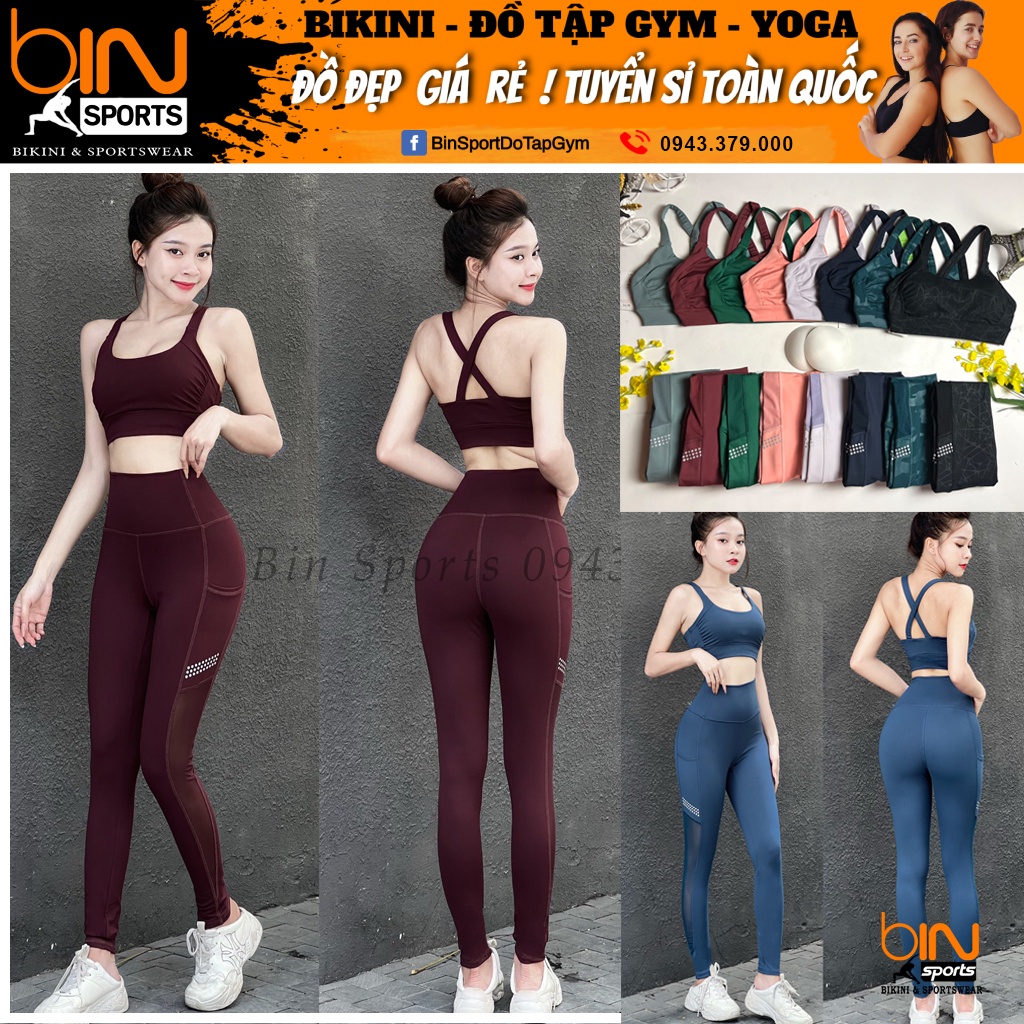 Đồ tập thể thao gym yoga nữ, set bộ áo bra kèm mút quần dài cao cấp Bin Sport BD163