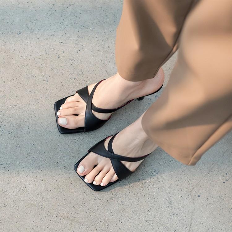 Dép Cao Gót Da Thật Mũi Vuông Phong Cách Retro Thời Trang Mùa Xuân 2022 Cho Nữ