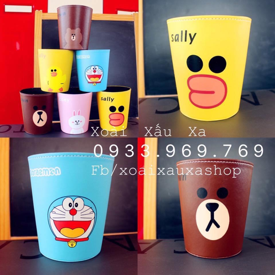 Sọt đựng đồ, sọt rác da PU hoạt hình gấu thỏ Line, đoraemon tiện lợi dễ thương ( 15cm )
