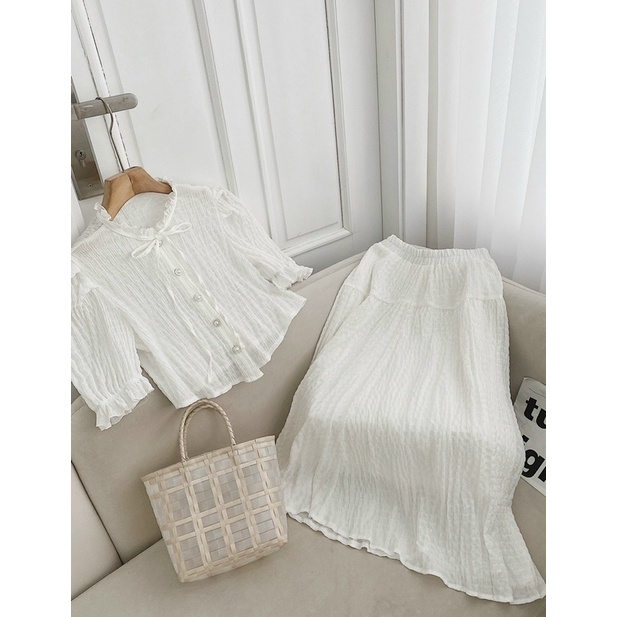 Đầm dự tiệc 🌷Set váy trắng kèm áo sơ mi tay phồng màu trắng