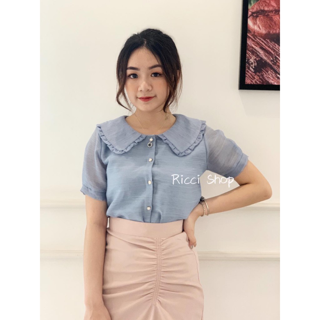 RICCISHOP_A200_ Áo sơ mi tơ CỔ VIỀN BÈO 1 HÀNG CÚC