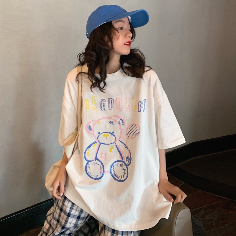 Áo phông tay lỡ unisex BEAR DRAW 2021, Áo phông nữ form rộng màu trắng đen chất cotton thời trang Ulzzang quảng châu | BigBuy360 - bigbuy360.vn