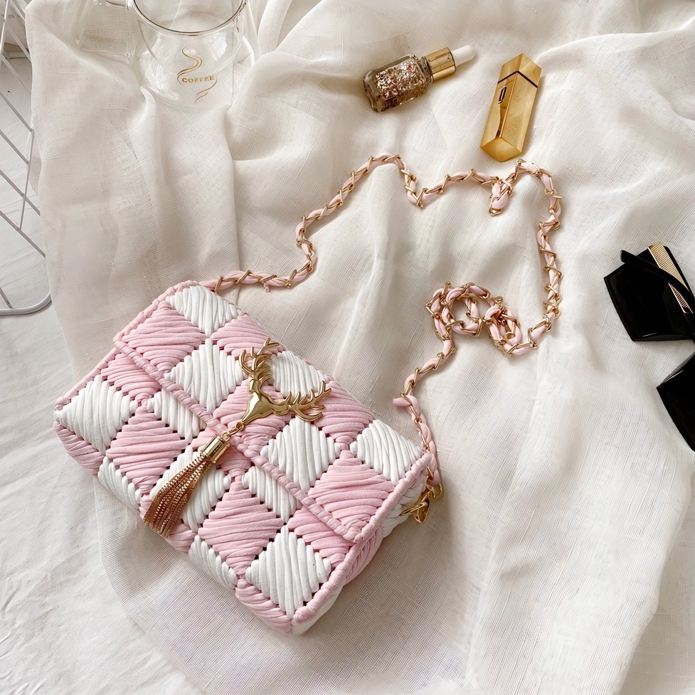 Túi handmade tự đan caro, túi đeo chéo len vải thời trang Hàn Quốc - Bộ phụ kiện đầy đủ LX503