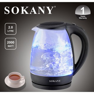 Ấm siêu tốc, ấm đun nước siêu tốc thủy tinh SOKANY 2.0 lít có lưới lọc nước khi sôi chuyển màu xanh