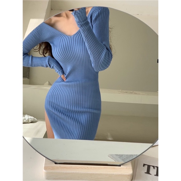 ĐẦM LEN BODY CỔ CHỮ V DÀI TAY XẺ TÀ TÔN DÁNG NỮ ULZZANG7