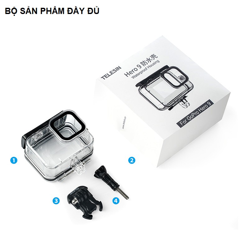 Vỏ chống nước Gopro 9 bằng nhựa trong suốt chống nước độ sâu 45m hãng Telesin