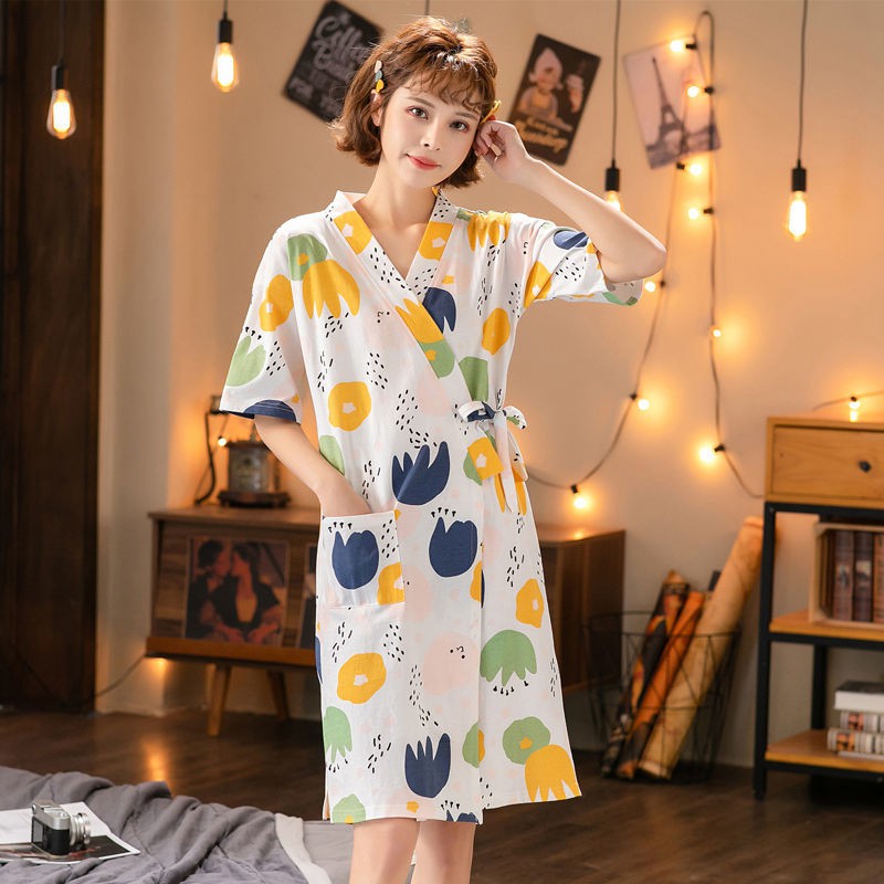 Đầm Ngủ Cotton Kiểu Kimono Nhật Bản Thời Trang Xuân Thu Cho Nữ