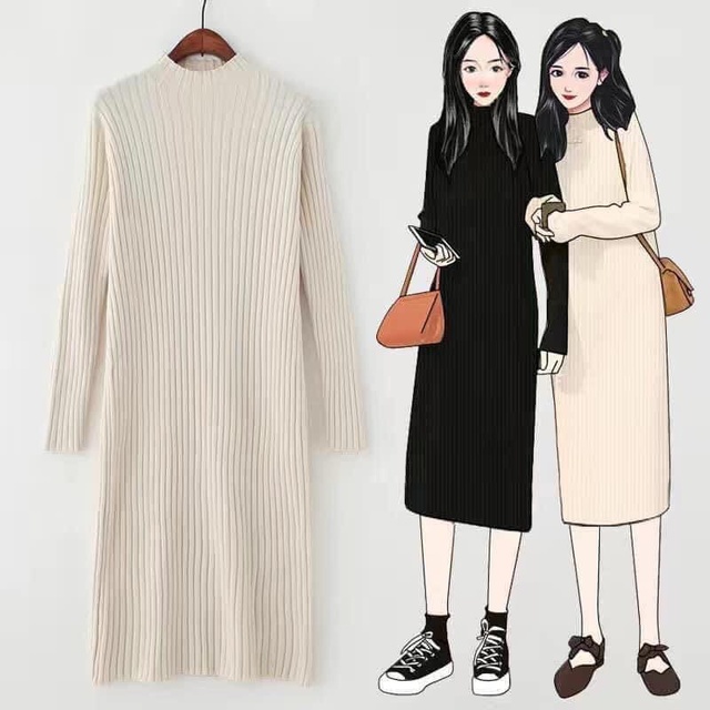 Váy len gân ulzzang dáng xuông cổ cao 3p