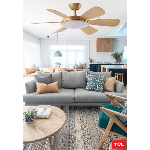 Quạt trần đèn TCL F6661 6 cánh động cơ DC lõi đồng 35W màu vàng giả gỗ 52"