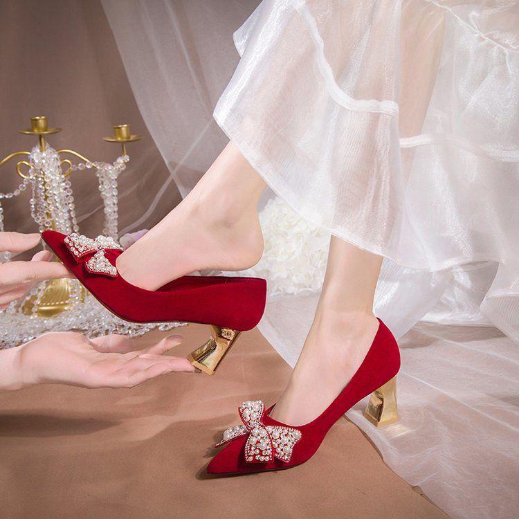 Giày Cao Gót Màu Đỏ Sang Trọng Thời Trang Mùa Đông Hàng Mới Dành Cho Cô Dâu