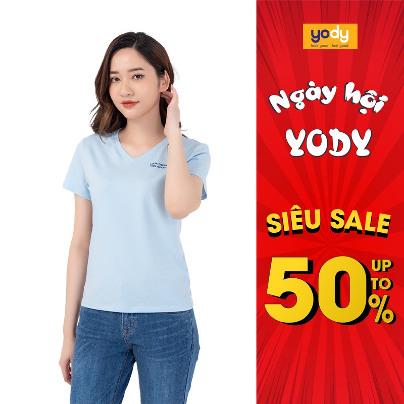 Áo thun nữ YODY cổ tim cotton ôm ngắn tay mềm mịn và dịu nhẹ cho da PPN4138