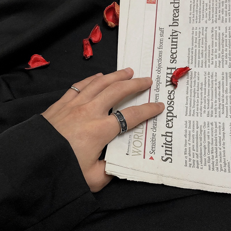 Nhẫn Nam Ngôi sao Mặt trăng Mặt trời Cổ điển Thiểu số Ba chiều Bạc Thái Thiết kế ban đầu Làm bằng tay NH-153