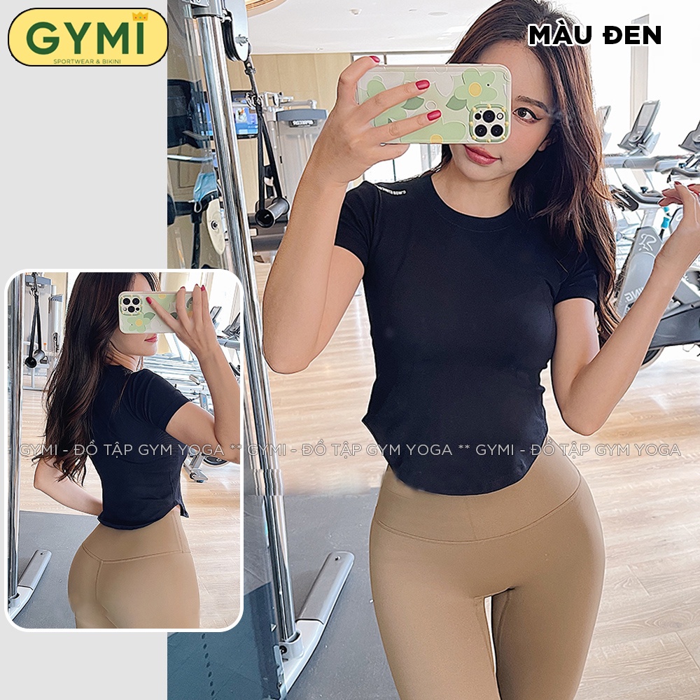 Áo tập gym yoga nữ GYMI AC25 dáng ngắn cộc tay vạt bầu chất thun gân co giãn tốt ôm body