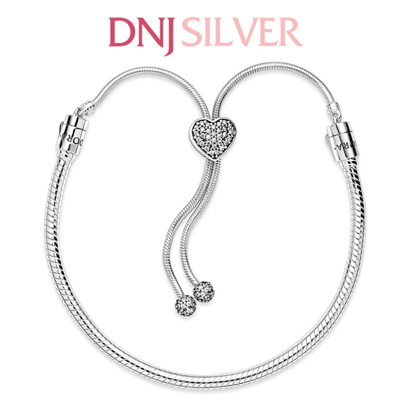 Vòng tay bạc 925 cao cấp - Mẫu vòng Pavé Heart Clasp Snake Chain Slider, vòng freesize điều chỉnh size linh động