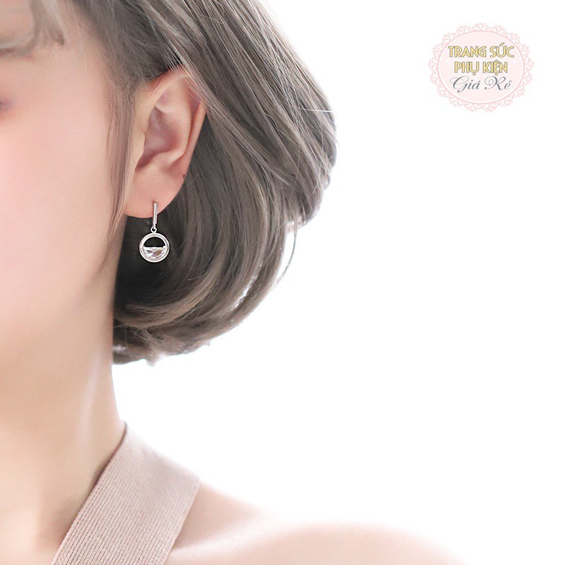 Bông tai thời trang cách điệu, vòng tròn đá HT161 bạc ý S925