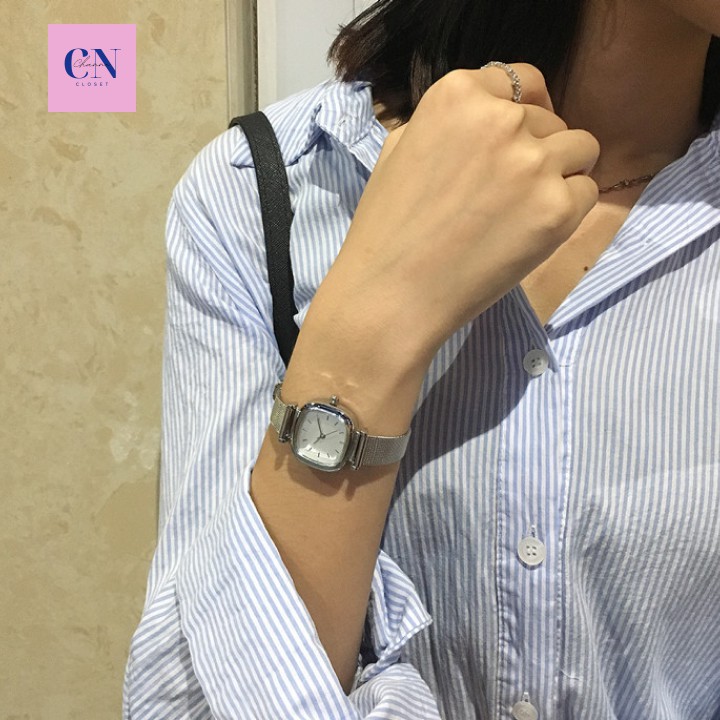 Đồng hồ thời trang nữ mặt vuông nhỏ dây kim loại Phong cách Hàn Quốc Màu bạc mặt trắng