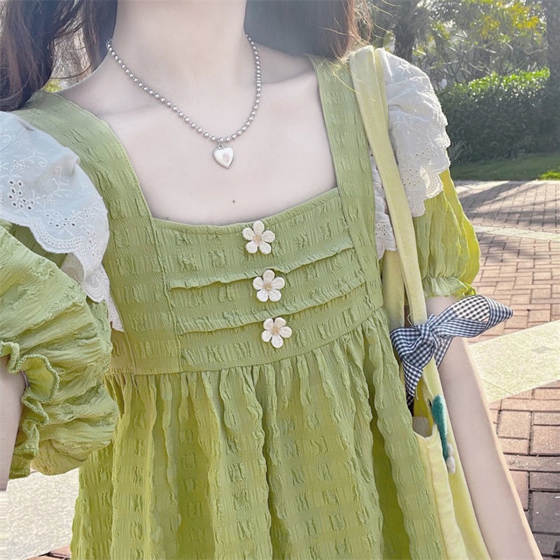 Đầm babydoll Đầm Dáng Chữ a Tay Bay Phối Ren Họa Tiết Hoa Cúc Màu Xanh Lá Ngọt Ngào Thời Trang Mùa Hè Cho Nữ