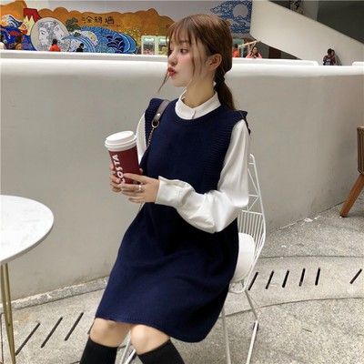 Váy ulzzang áo sơ mi set váy nữ đẹp sơ mi dài tay đầm len gile mỏng áo kiểu dáng hàn quốc