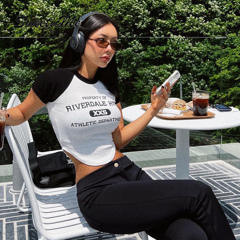 Áo Thun Mỏng Tay Ngắn Màu Sắc Tương Phản Thời Trang Dành Cho Nữ