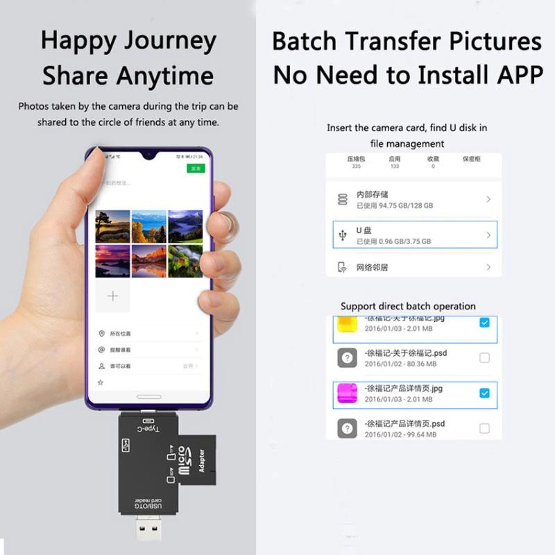 [Hàng có sẵn tại TPHCM ]OTG Đa chức năng 3 trong 1 3 Pin USB Loại C Đầu đọc thẻ nhớ Micro Máy ảnh Ổ USB Thẻ nhớ Micro SD