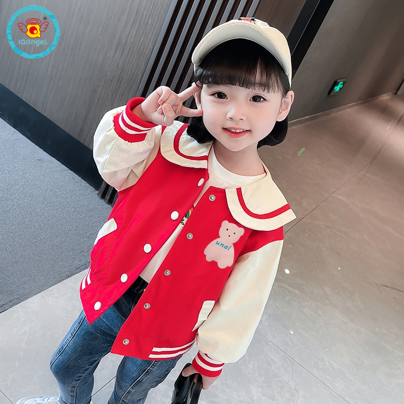 Áo khoác IQ ANGEL cổ búp bê họa tiết gấu hoạt hình thời trang mùa thu cho bé gái