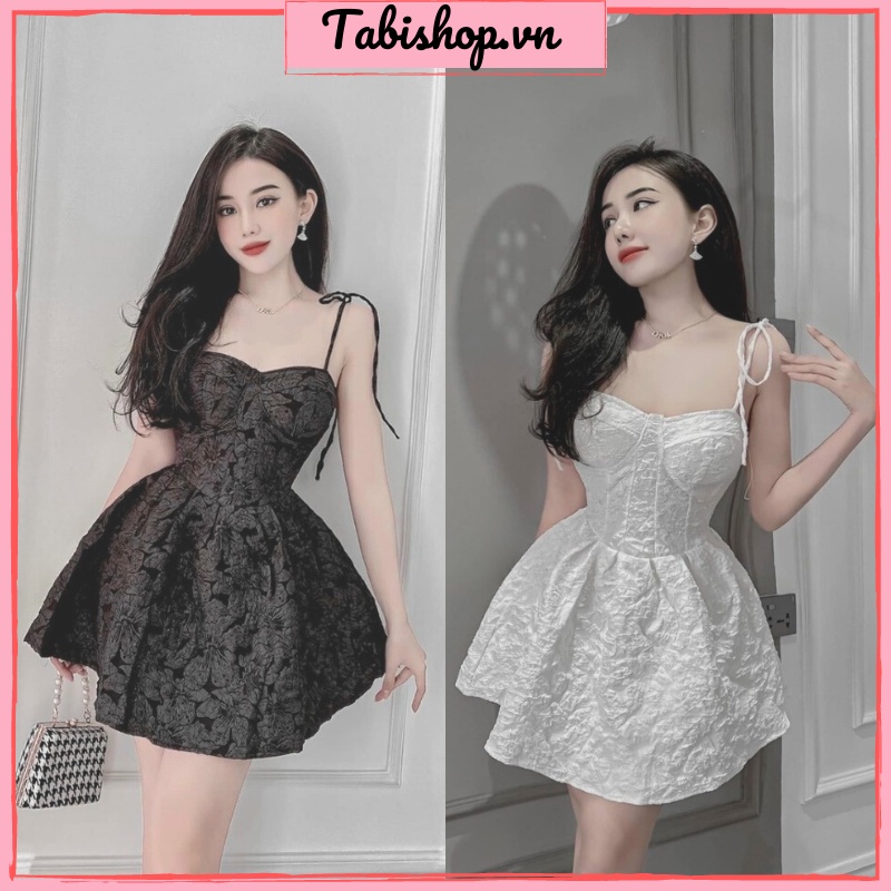 Đầm 2 dây cúp ngực cột nơ vai TABISHOP Váy nữ tiểu thư dáng xoè chất xốp gấm cao cấp 2 màu đen trắng đi tiệc đi chơi