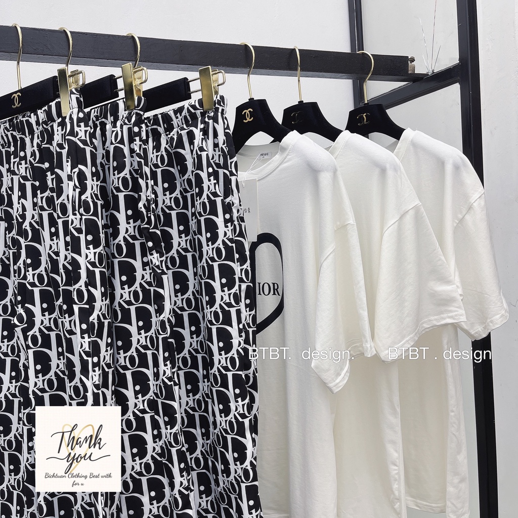 Set quần ống rộng tôn dáng, bộ áo trắng in hình trái tim , bộ quần suông họa tiết dior, set nữ mặc nhà, đi chơi xinh xắn