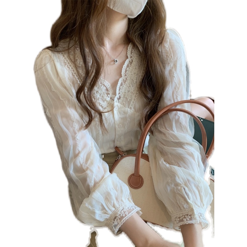 Áo sơ mi voan tay dài cổ chữ V phối ren thời trang mùa thu mới 2021 dành cho bạn nữ