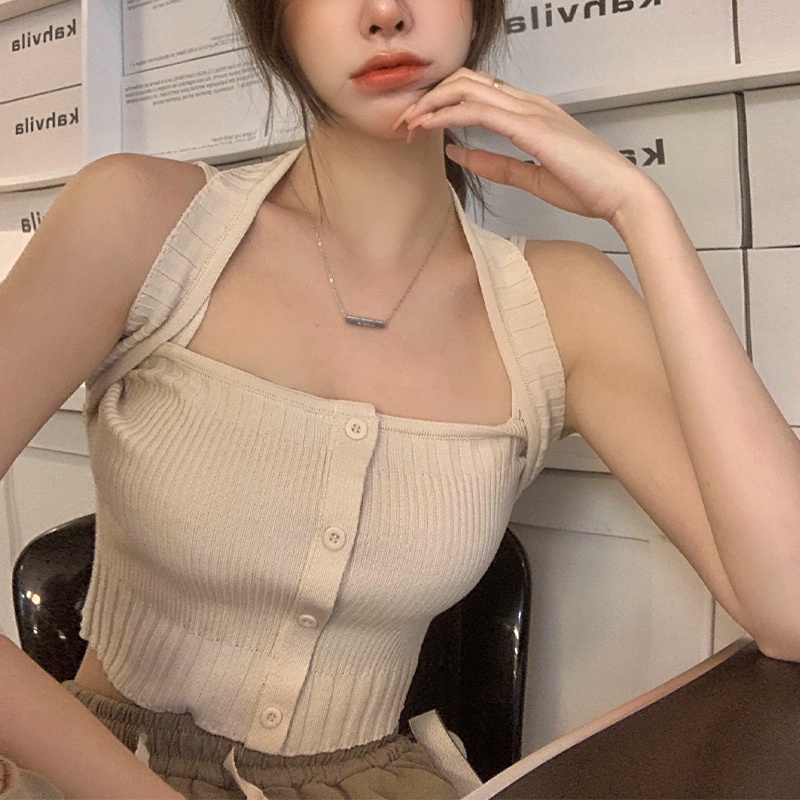 Áo Croptop Hai Dây Dệt Kim Màu Trơn Phối Nút Đơn Giản Thời Trang Cho Nữ