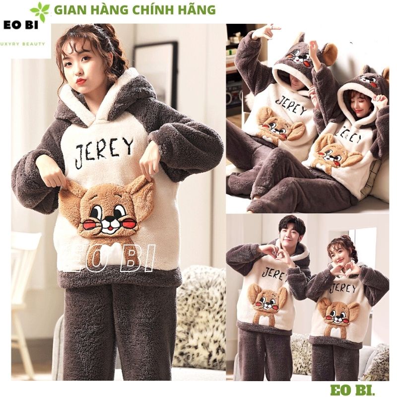 Bộ ngủ lông JEREY giữ nhiệt cực ấm Bộ ngủ mùa đông đáng yêu chất lông mềm nhẹ quần áo mặc nhà dài tay mùa đông - EOBI