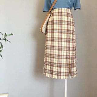 Chân váy midi kẻ xẻ bên MS1939