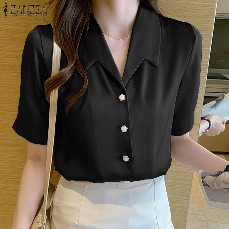 Zanzea Áo Sơ Mi Tay Ngắn Cổ Bẻ Bằng Satin Thời Trang Dành Cho Nữ