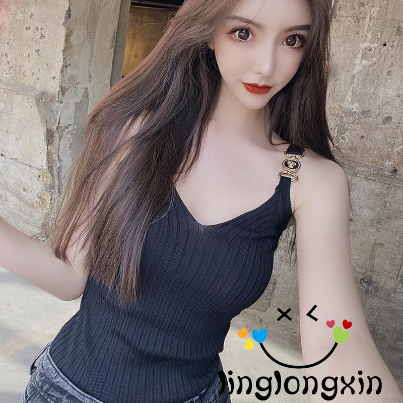 Linglongxi2-Women´s Tank Tops Rib Knit V-Neck Metal Chain Sling Design Slim Fit Breathable Versatile Streetwear Tops