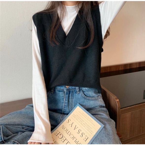 Áo gile len ulzzang nữ trơn dáng rộng cổ tim chất đẹp, không tay màu sắc vintage phong cách Hàn Quốc 428