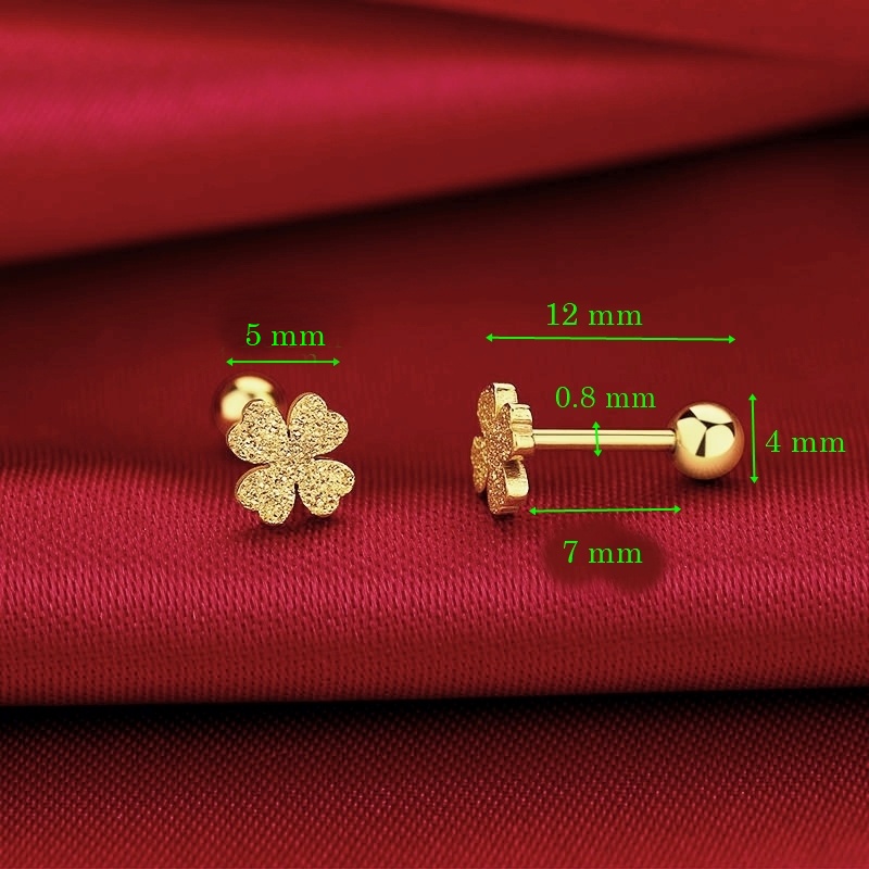 Bông tai titan nữ mặt cỏ bốn lá may mắn 5 mm nhám lấp lánh (giá 1 chiếc)