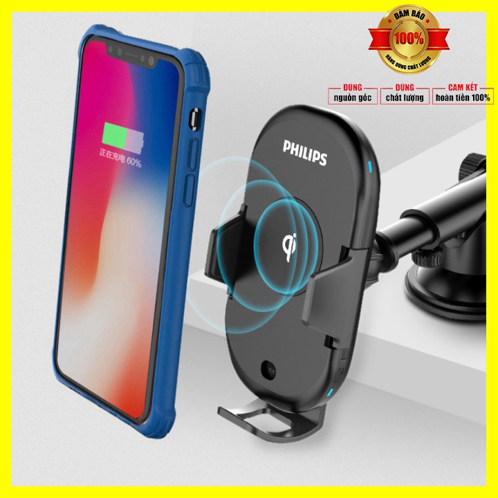 Gía đỡ điện thoại kiêm sạc không dây trên ô tô cao cấp thương hiệu Philips DLK9411N Công suất 10W - Bảo hành 12 tháng