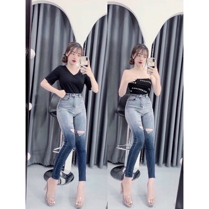 Quần jean nữ cạp cao phối loang cá tính, quần bò nữ N-Q Shop chất liệu jean bò cao cấp