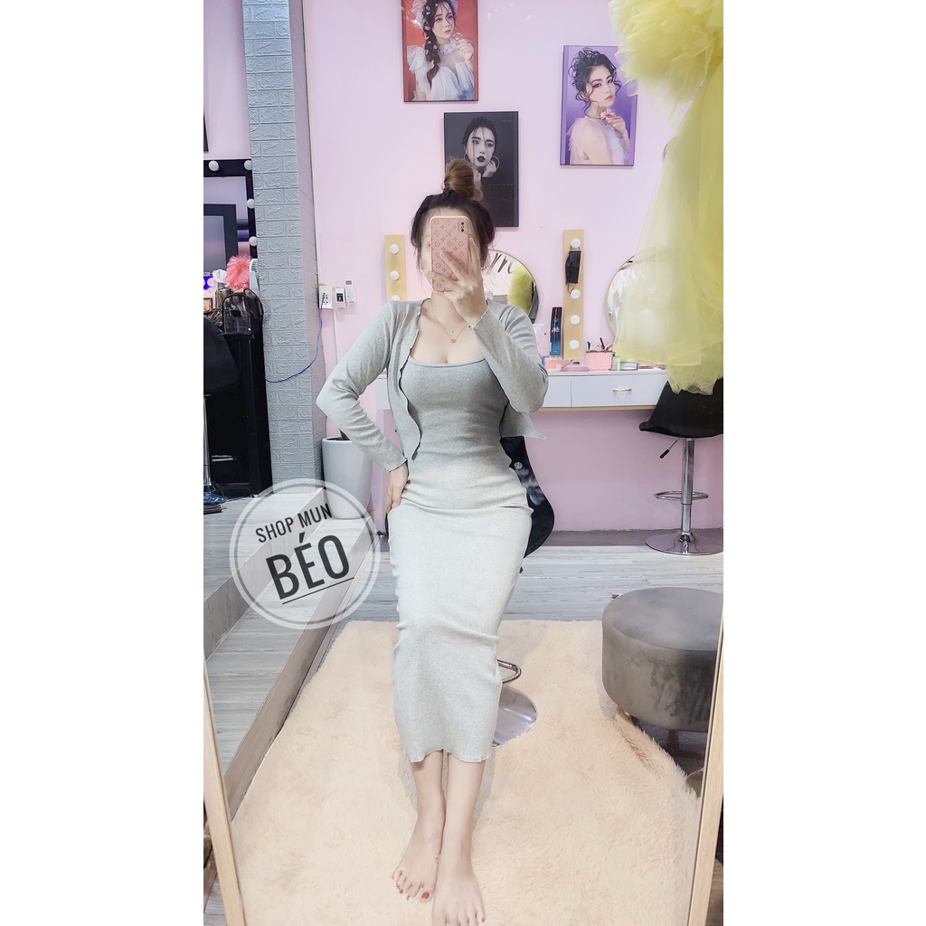 [MẪU MỚI] Set Đầm Phom Dài Kèm Áo Khoác Chất Thun Gân Thích Hợp Mặc Đi Tiệc Đi Làm Đi Chơi