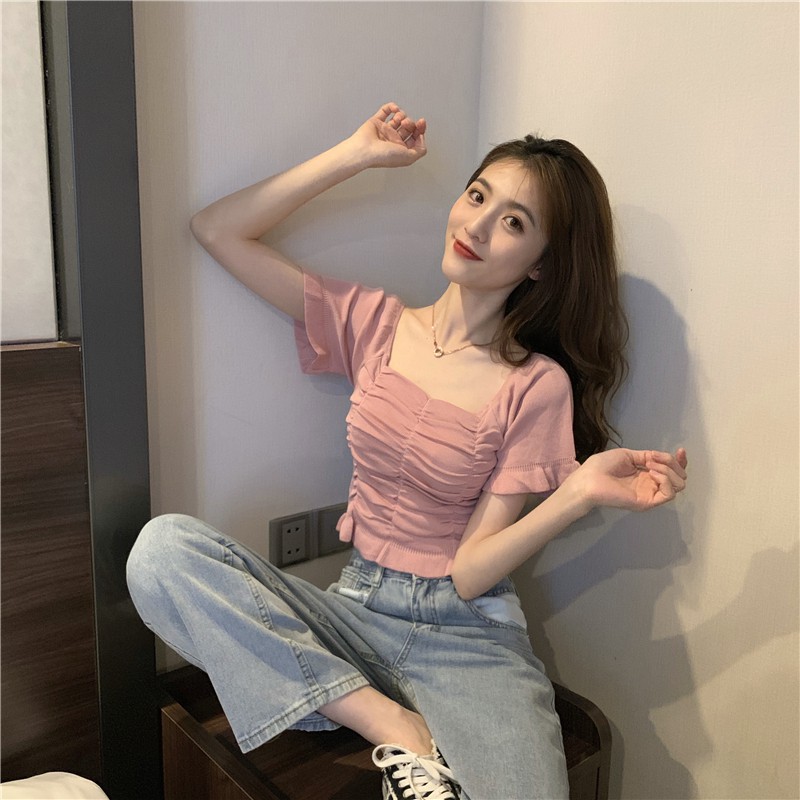 Áo Croptop Tay Ngắn Thiết Kế Đơn Giản Phong Cách Retro