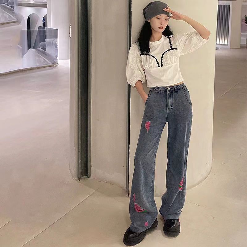 Quần Jean Dài Lưng Cao Dáng Rộng Phối Rách Thời Trang Cho Nữ