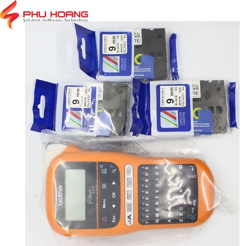 Combo máy in nhãn Brother PT-E110 và 3 nhãn in HZE,TZ2,PZE khổ rộng 9mm, Phu Hoang Company